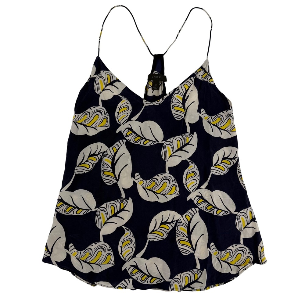 J.Crew Carrie Cami Silk Blouse Navy Yellow Tropical Leaf Print Racerback Size 2